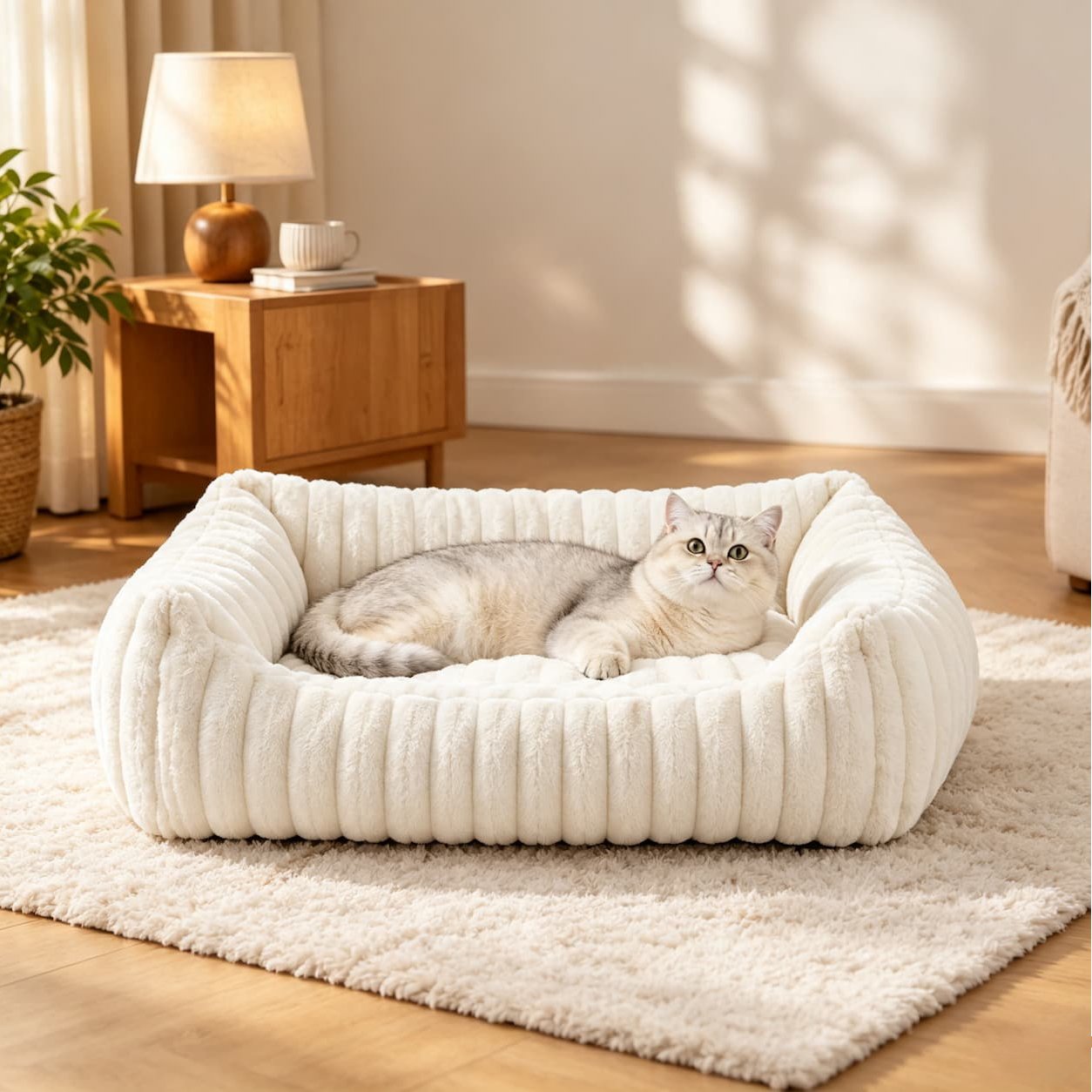 Custom Cream Corduroy Pet Sofa Bed Manufacturer in China | OEM & ODM Plush Cat & Dog Bed with Carrying Handle